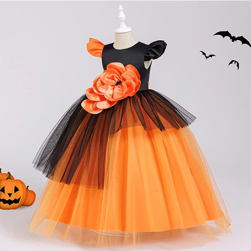 Halloween Cosplay Costume Children Pumpkin Witch Outfits Teen Girl Clothes Evening Dress Birthday Elegant Girls Party Dresses Good Vibrations