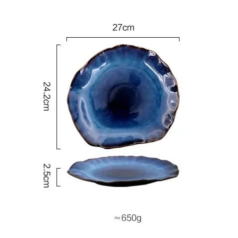 Ceramic Plates Deep Blue Irregular Flat Plate Pottery Dish Household Decoration Tableware Dinnerware Tray Hotel Kitchen Supplies Good Vibrations