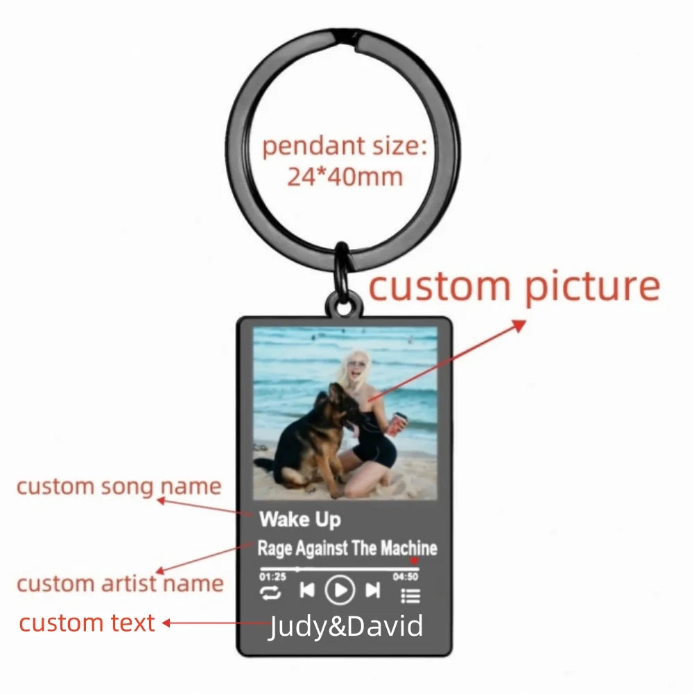 Jeshayuan Custom Picture Keychain Customized Music Song Key Ring Stainless Steel Personalized Photo Keychains Gifts for Lover Good Vibrations