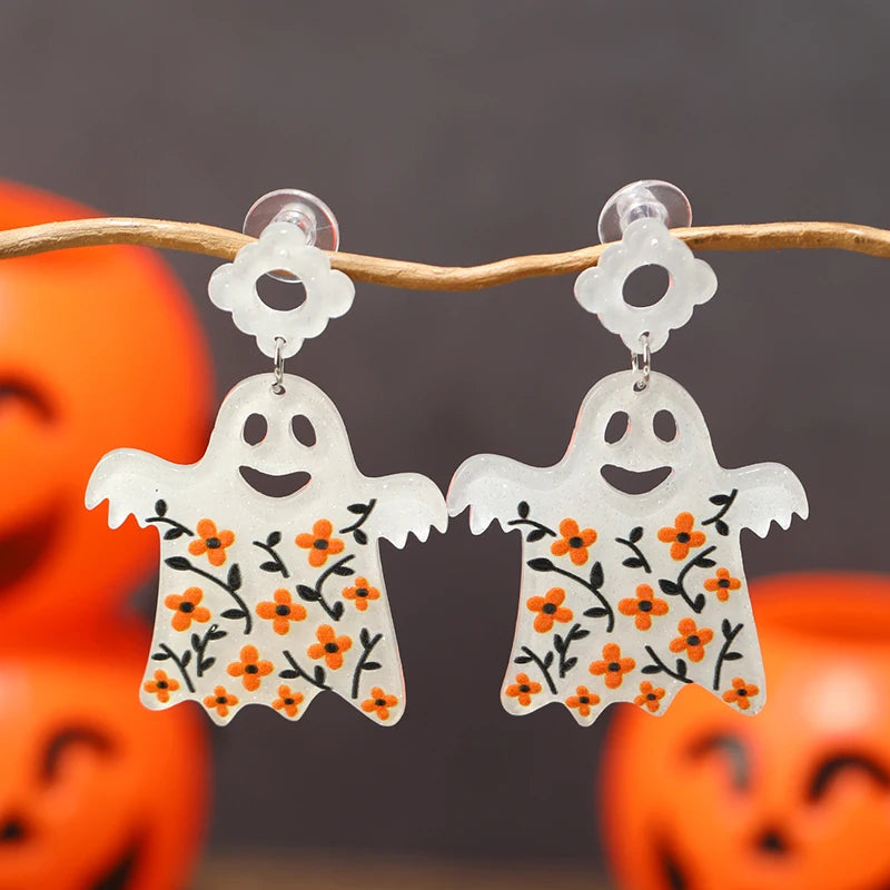 8 pairs of Halloween flame demons, cute little ghosts, acrylic earrings, skull heads, alien spaceships, pumpkin ghosts Good Vibrations