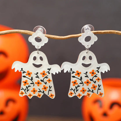 8 pairs of Halloween flame demons, cute little ghosts, acrylic earrings, skull heads, alien spaceships, pumpkin ghosts Good Vibrations
