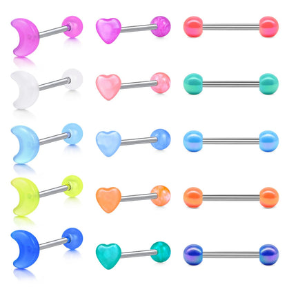 15PCS 16mm Stainless Steel Glow In The Dark Acrylic Tongue Rings, Straight Barbells Heart Moon Shape Tongue Piercing Jewelry Good Vibrations