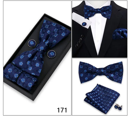 Bowtie For Men Set Gift Box Business Gift Fashion Bow Tie Pocket Square Cufflinks Set Bowtie 3pcs For Wedding Hanky Cravata Neck