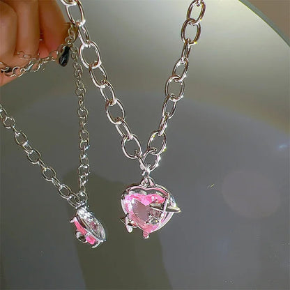 Y2K Pink Planet Heart Zircon Pendant Necklaces Women Fashion Aesthetic Clavicle Chain Necklace Valentines Day Gift Party Jewelry Good Vibrations