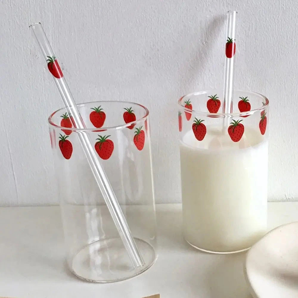 300ml Strawberry Cute Glass Cup With Straw Creative Transparent Water Cup Student Milk Heat Resistant Glass Nana Good Vibrations