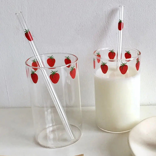 300ml Strawberry Cute Glass Cup With Straw Creative Transparent Water Cup Student Milk Heat Resistant Glass Nana Good Vibrations