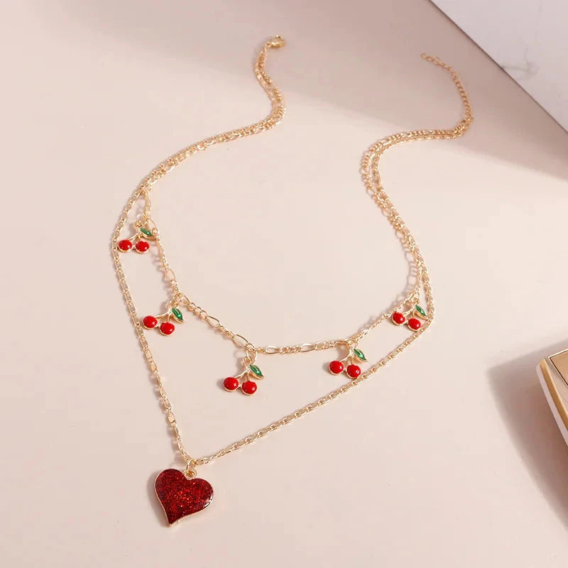 Aihua Boho Gold Color Red Heart Cherry Necklace Romantic Sweet Simple Clavicle Necklaces for Women Collar Fashion Jewelry Gifts Good Vibrations