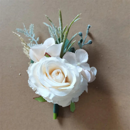 Boutonnieres Flowers Artificial White Roses Silk Ivory Corsage Buttonhole Groomsmen Boutonniere for Men Wedding Accessories Good Vibrations