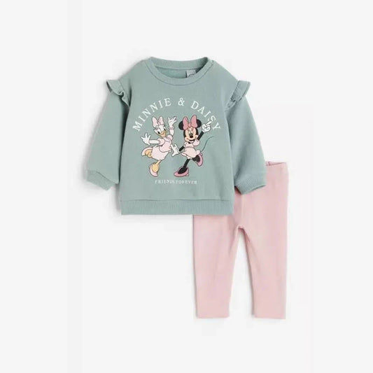 Girls Spring Autumn Clothes Minnie Full Print Sweatshirt+pants 2pcs Casual Sports New Childrens Clothing Good Vibrations