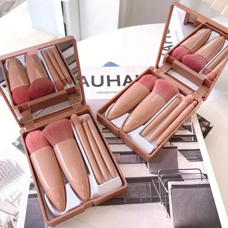 5-Piece Foldable Makeup Brush Set with Mirror - Portable Travel Kit, Mini Professional Cosmetic Brushes for Foundation, Eyeshado Good Vibrations