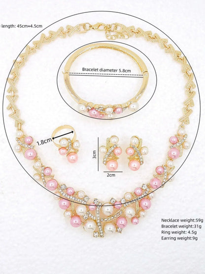 Stylish Pink and White Imitation Pearls and Rhinestone Jewelry Set, Including Necklaces, Bracelets, Earrings, Rings, the Most Suitable for Women’S Wedding Parties Good Vibrations