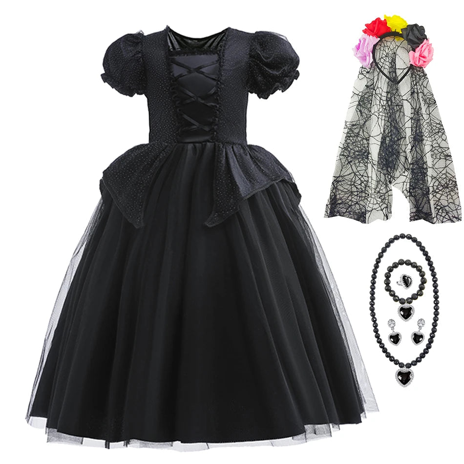 Halloween Costume For Kids Black Witch Dress Luxury Lace Sequin Evil Role Playing Costume Maleficent Dress Up Outfit Ghost Bride Good Vibrations
