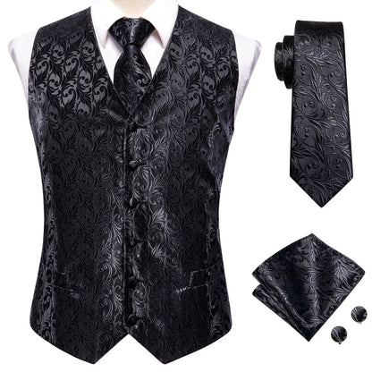 Hi-Tie Black Men Silk Vest Paisley Jacquard Necktie Hankerchief Cufflinks Sets Male Sleeveless V-Neck Waistcoat Business Formal Good Vibrations