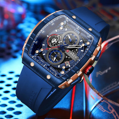 CURREN Sports Unique Rectangular Watches with Large Dial Casual Quartz Silicone Bands Wristwatches with Auto Date Good Vibrations