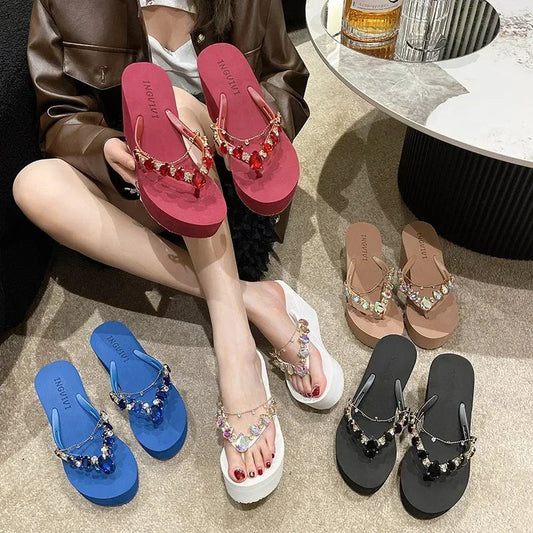Flip Flops Women New High Heeled Slippers Women Diamond Slope Heel Slippers Elegant Fashion Beach Sandals Womens Sexy Shoes Good Vibrations