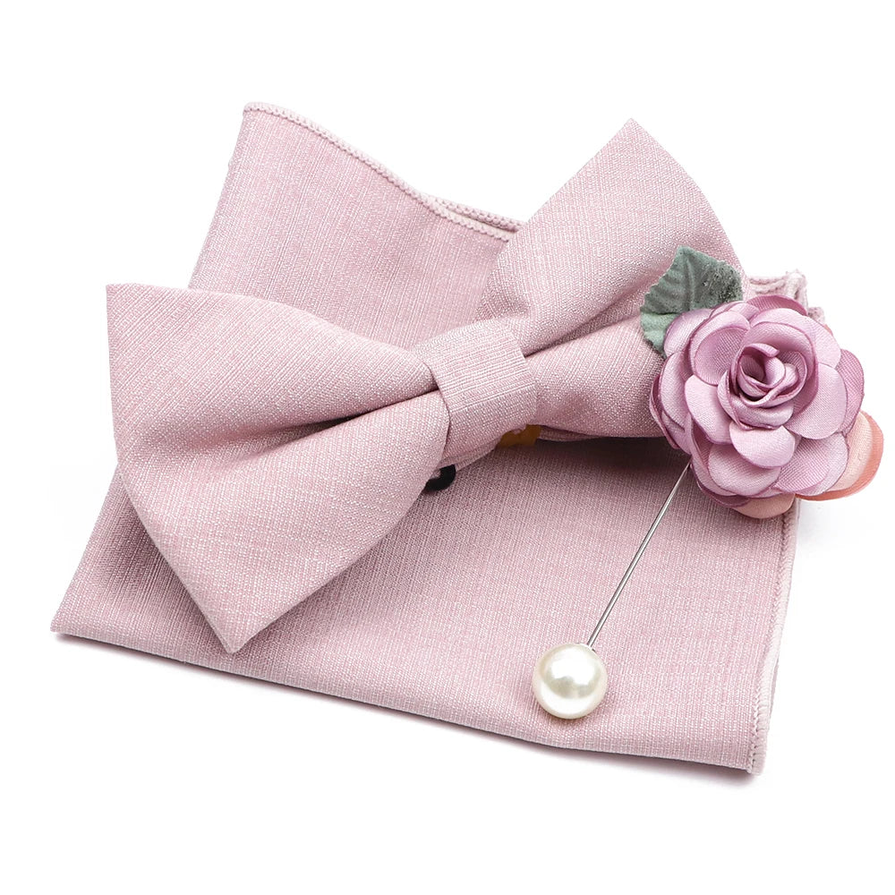 Mens Wedding Bowtie Brooch Set Romantic Solid Color Bamboo Fiber Bowknot Flower Lapel Pin Blue Pink Cravat Suit Shirt Accessory Good Vibrations