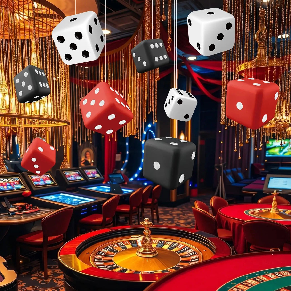 2D Casino Night Party Decorations Red Curtains Poker Dice Banners Photo Booth Props Bar Hanging Decor for Birthday Theme Event Good Vibrations