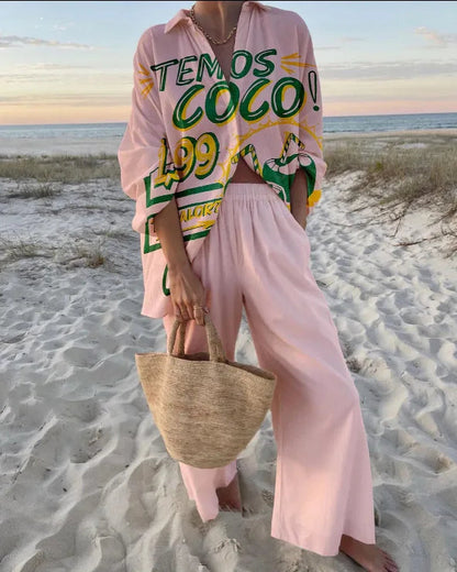Women's Two Piece Set Print Shirt Pants Suit Single Breasted Lapel Short Sleeve Shirt And Wide Leg Trousers Sets, Lady Outfits Good Vibrations
