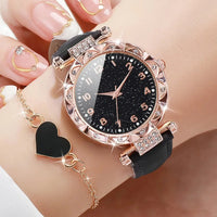 2PCS/Set Fashion Rhinestone Women's Quartz Watch Analog PU Leather Band Wrist Watches Heart Bracelet Good Vibrations