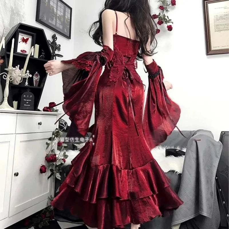 Elegant red rose fishtail dress with patchwork, fit and flare silhouette, ankle-length, suitable for office lady style.