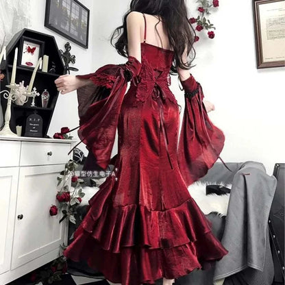 Elegant red rose fishtail dress with patchwork, fit and flare silhouette, ankle-length, suitable for office lady style.