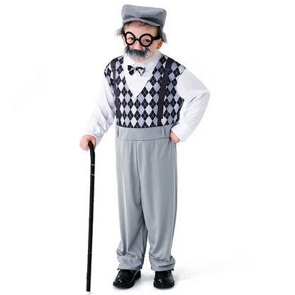 Halloween Cosplay Old Man Costume for Kids 100th Day of School Grandpa Costume Accessories Including Hat Glasses Beard Gangster Good Vibrations