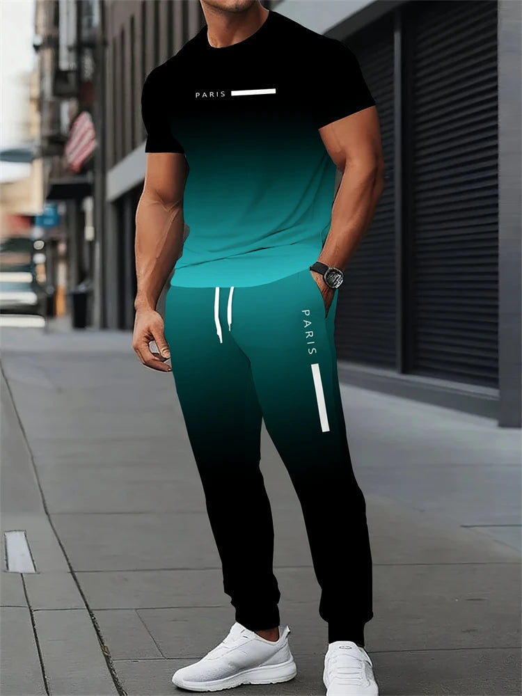 Men's Spring/Fall Two-Piece Set Crew Neck Short Sleeve Top With Relaxed Fit Casual Pants Outdoor Streetwear Minimalist Style Set Good Vibrations