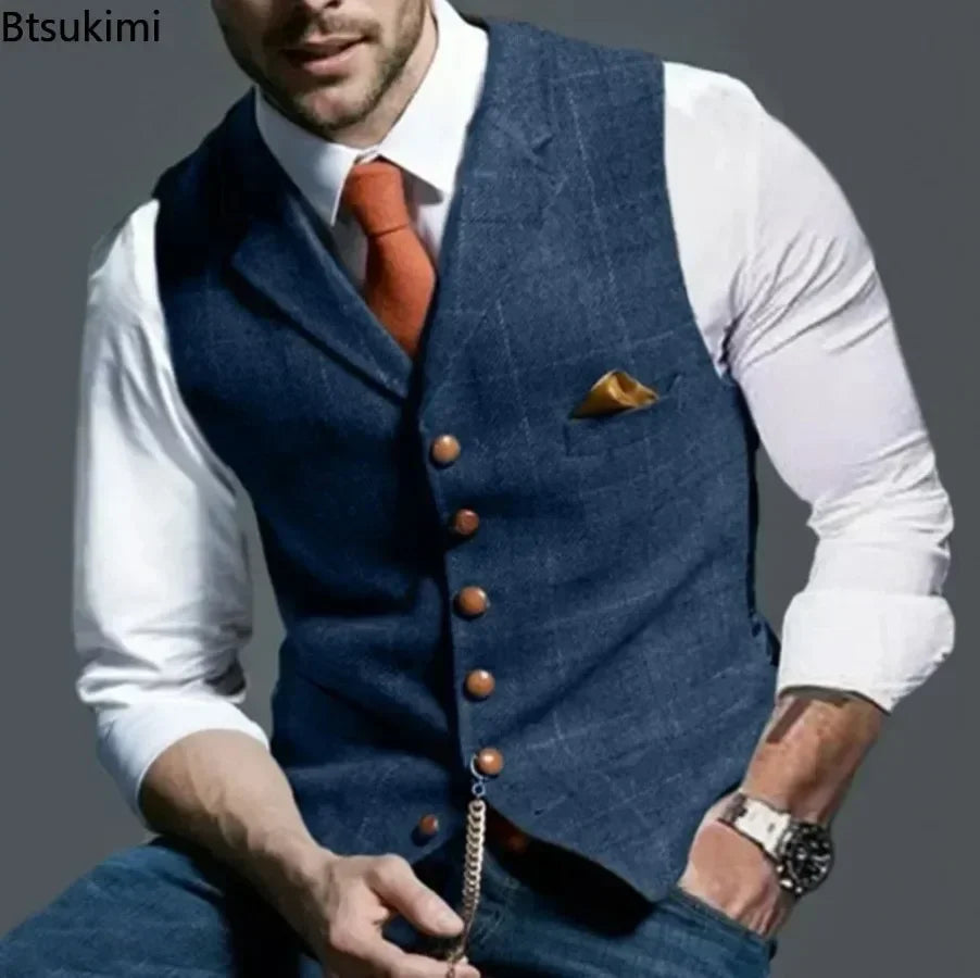 2025 Men's Formal Vests Lapel Tweed Plaid V-neck Waistcoat Slim Vest Business Formal Dress Suit Casual Wedding Tuxedo Male Vest Good Vibrations