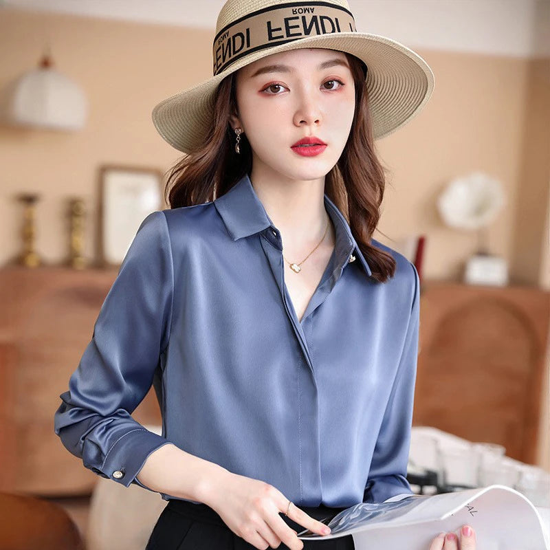 Red Women Shirt New Korean Fashion Women Clothing OL Satin Blouse for Women Long Sleeved Women's Shirt Basic Elegant Women Tops Good Vibrations