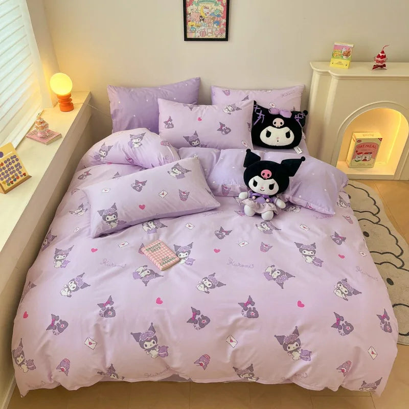 Sanrio 100% Cotton Bedding Set Cute Hello Kitty Kuromi Melody King Queen Pillowcase Bed Linens Girl Dorm Bedclothes Home Textile Good Vibrations