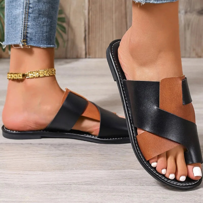 Womens 2025summer New Flat Non-slip PU Waterproof Womens Shoes Outdoor Casual Comfortable Beach Dress Womens Slippers Large Size Good Vibrations