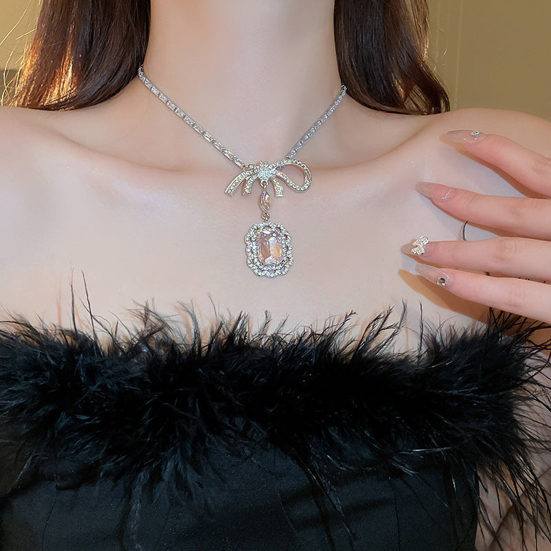 Inlaid Rhinestone Necklace Earrings Two Pcs Set Zircon Square Bow Jewelry Sets Light Luxury Fashion High Sense Accessories Gifts Good Vibrations Adult Super Store