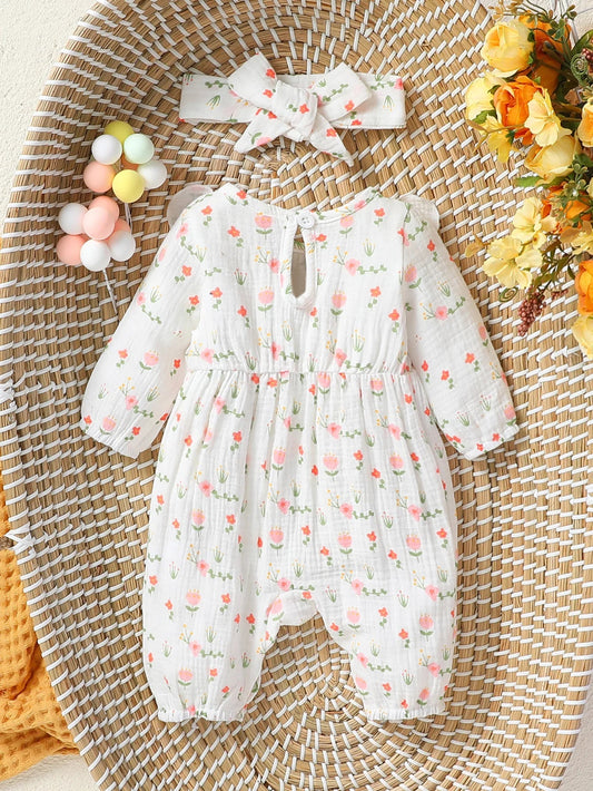 Baby Girl's All Seasons Long Sleeve Print Floral With Bow Daily Jumpsuit For Newborn-6M Clothes +Headband Good Vibrations