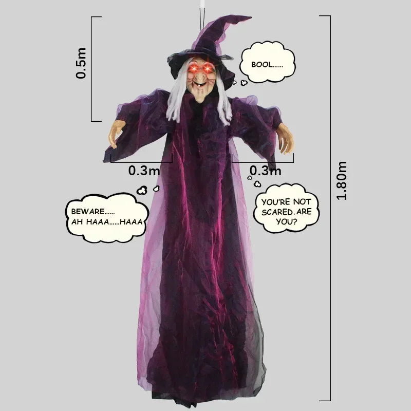 Halloween Hanging Witch Decor Skeleton with Sound Glowing Red Eyes Scary Talking Witch Halloween Decorations Haunted House Props Good Vibrations