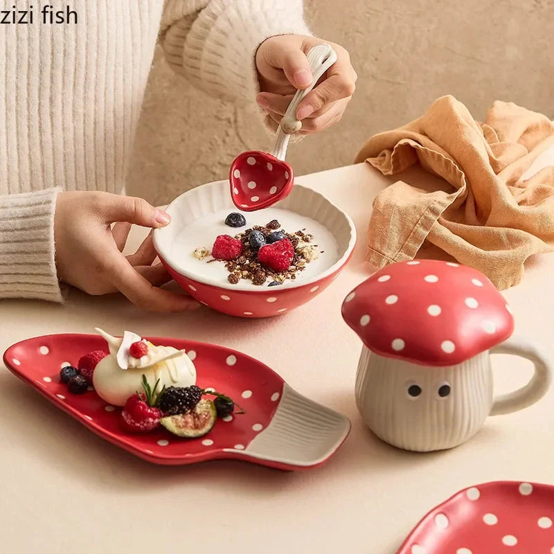 Mushroom Ceramic Tableware Mushroom Rice Bowl Noodles Bowl Soup Pot Flat Plate Sushi Plate Mushroom Mug Spoon Kitchen Tableware Good Vibrations