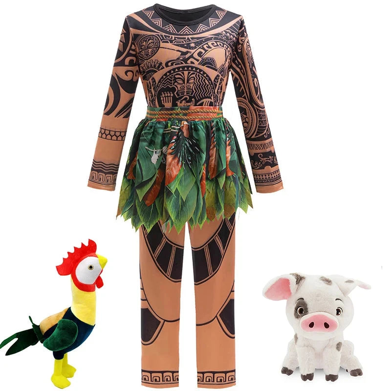 Disney Moana 2 Maui Cosplay Jumpsuits Tattoo Costume Boys Girls Maui Print Leaf Suits Movie Character Halloween Costume 2-10Yrs Good Vibrations