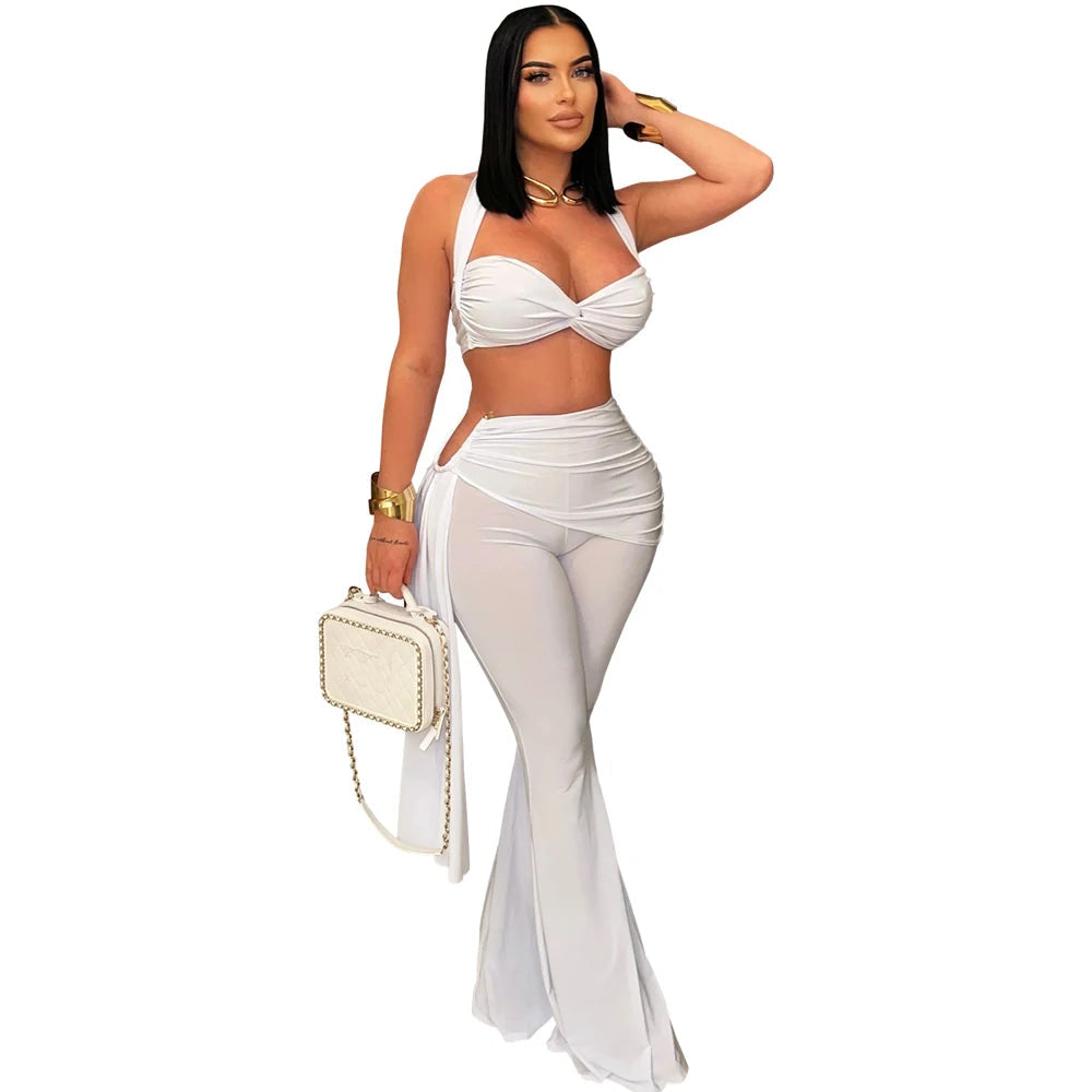 Sexy Women Outfits Twist-Front Crop Top and Long Straps Wide Leg Pants Sets Ruched Metal Tracksuits Sets Chic Night Out Overalls Good Vibrations