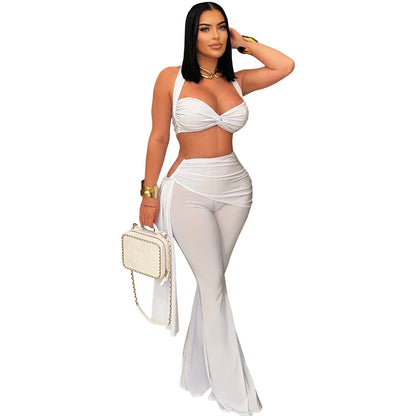 Sexy Women Outfits Twist-Front Crop Top and Long Straps Wide Leg Pants Sets Ruched Metal Tracksuits Sets Chic Night Out Overalls Good Vibrations