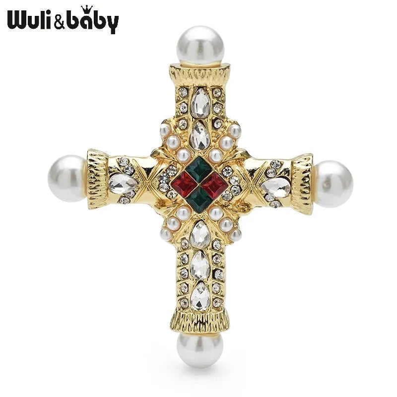 Wuli&baby Palace Style Cross Brooches For Women Men Pearl Rhinestone Baroque Cross Party Casual Brooch Pins Gifts Good Vibrations