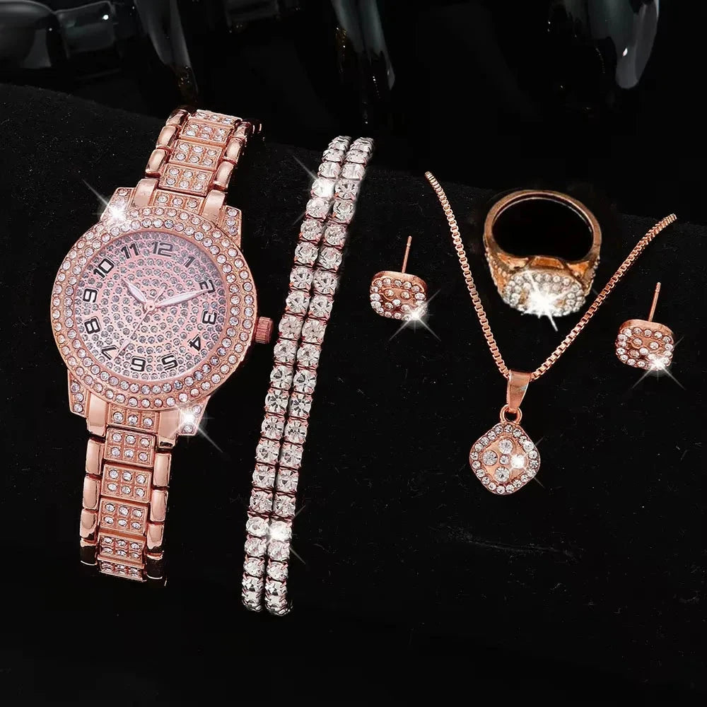 Full Diamond Roman Literal Steel Strip Watch with Starry Charm Business Quartz Watch Set Good Vibrations