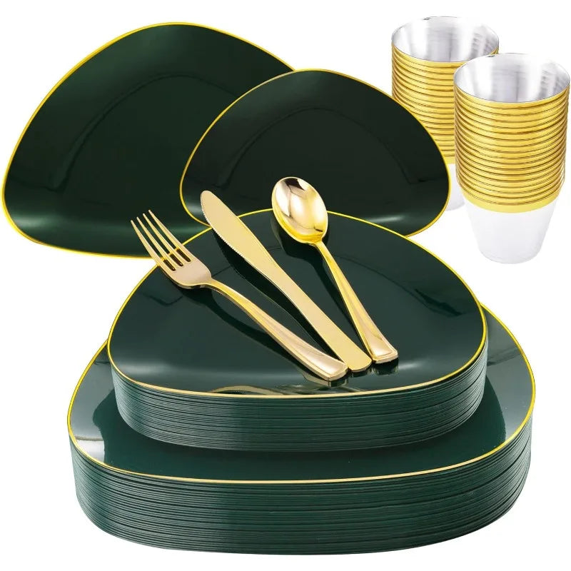 180Pcs Green Plastic Plates, Green Disposable Plates withInclude: 30 Dinner Plates 30 Dessert Plates 90 Gold Cutlery 30 Cups Good Vibrations