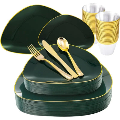 180Pcs Green Plastic Plates, Green Disposable Plates withInclude: 30 Dinner Plates 30 Dessert Plates 90 Gold Cutlery 30 Cups