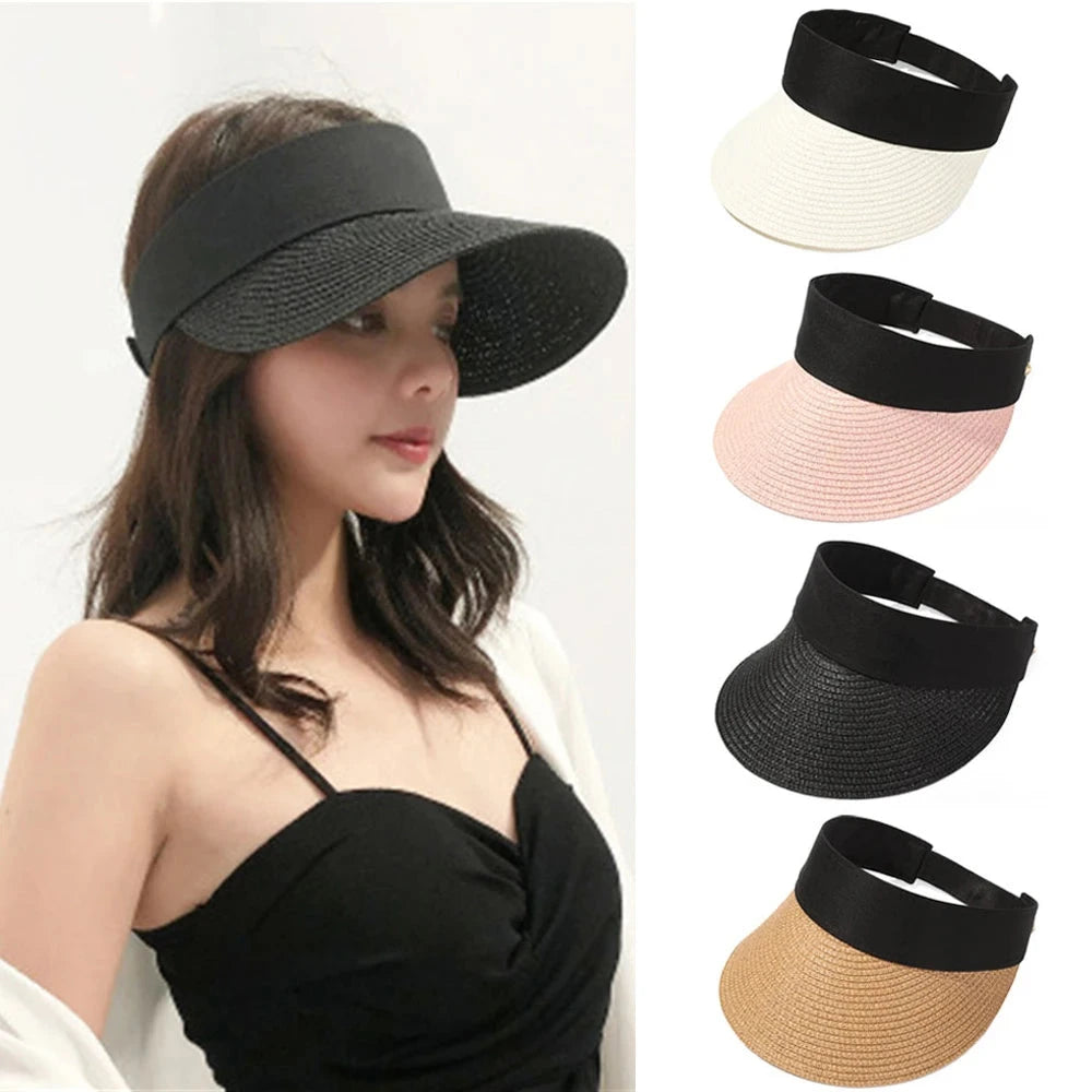 Foldable Portable Beach Hat Wide Brim Sun Hat Roll-up Summer Casual Straw Cap Visors For Women Good Vibrations