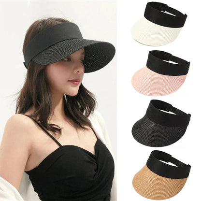 Foldable Portable Beach Hat Wide Brim Sun Hat Roll-up Summer Casual Straw Cap Visors For Women Good Vibrations