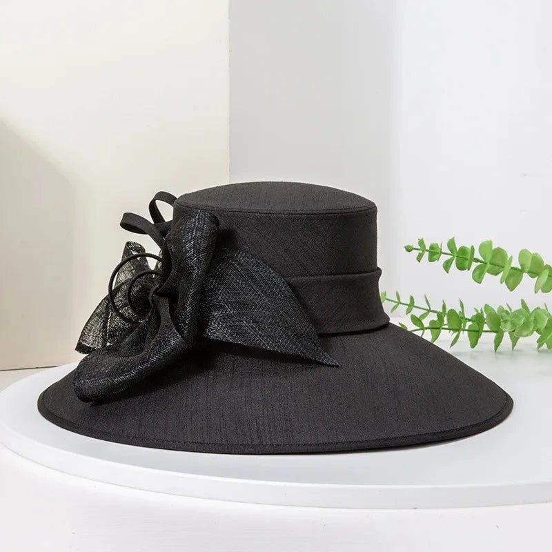 Elegant Wide Brim Black Hats For Women Big Bow Formal Occasion Kentucky Cap Lady Wedding Cocktail Party Flat Top Fedoras 2025 Good Vibrations