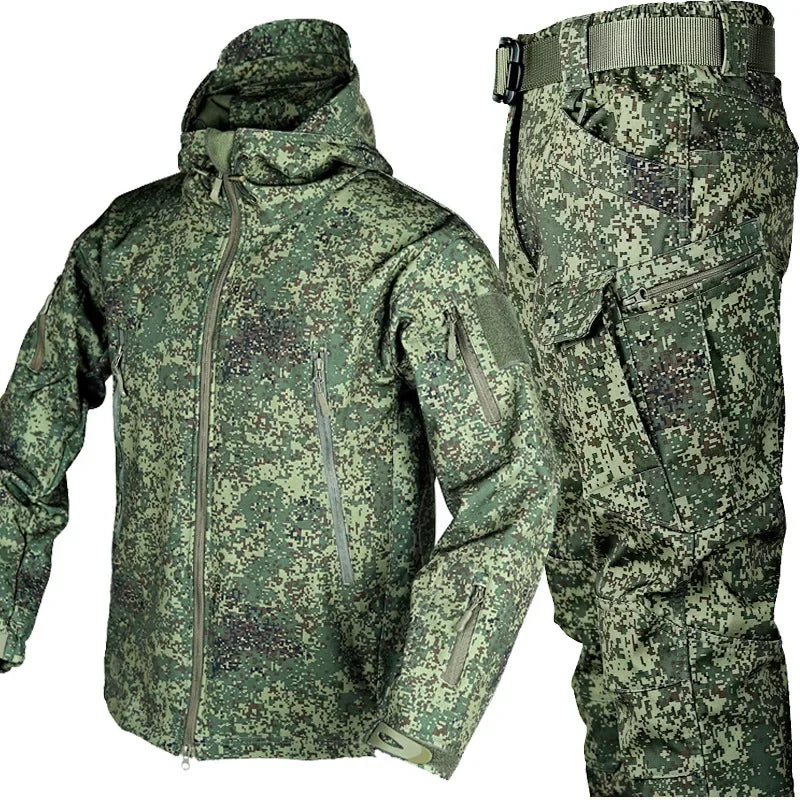Winter Thicken Men Camo Suit Waterproof Tactical Training Set Multi-pocket Hooded Jacket Fleece Pants Outdoor Hunting 2-piece Good Vibrations