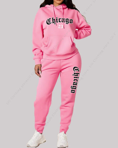 Women's Sets Hoodies Pants 2 Piece Outfits Aesthetic Sportswear Sweatsuit Chicago Graphic Letter Print Plus Size Pink Tracksuit Good Vibrations