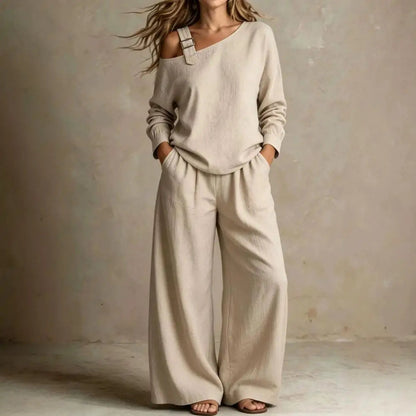 Women Two Piece Matching Set for Fall Off-Shoulder Long Sleeve Top & High Waisted Wide Leg Pants Loose Shirt Trouser Lounge Set Good Vibrations