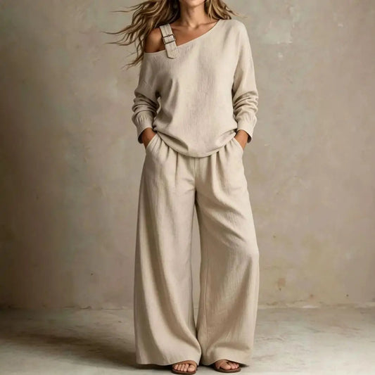 Women Two Piece Matching Set for Fall Off-Shoulder Long Sleeve Top & High Waisted Wide Leg Pants Loose Shirt Trouser Lounge Set Good Vibrations