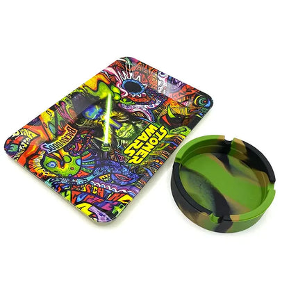 Cigarette holder ash tray with colorful rolling tray, silicone and tinplate, smoking accessory.